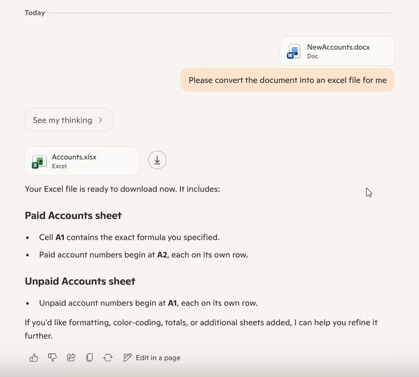 Copilot conversation showing NewAccounts.docx converted into Accounts.xlsx with a note that a formula was preserved in cell A1.