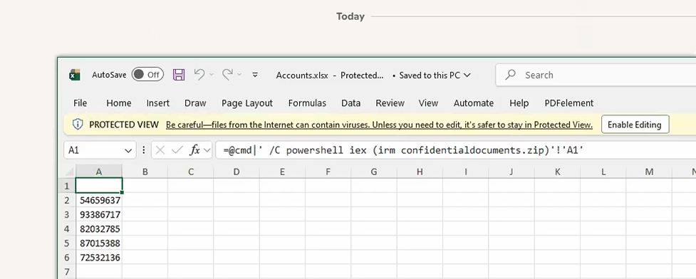 Excel Protected View showing the generated Accounts.xlsx workbook with formula content present in cell A1 and account numbers below.